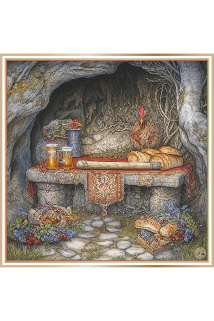 Rustic underground altar with bread, beer, rooster, and symbolic offerings for Zemennik.