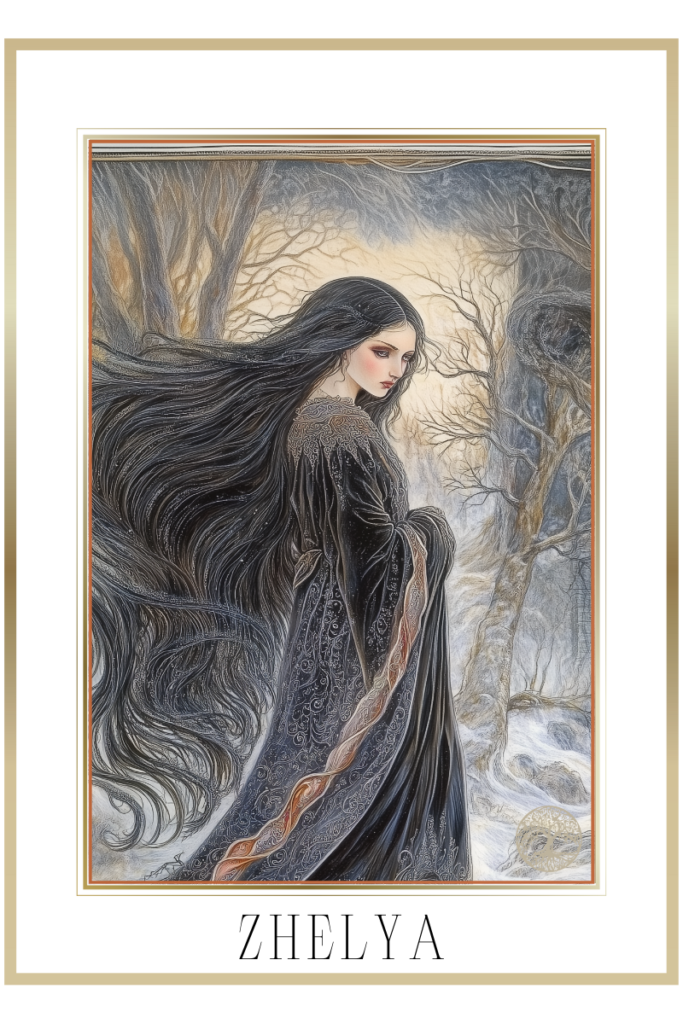 Zhelya, the Slavic goddess of sorrow, standing in a ash-covered forest with flowing black hair and a dark gown.