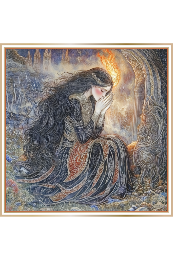 Zhelya, the Slavic goddess of sorrow, kneeling in prayer with a burning horn in a battlefield scene.