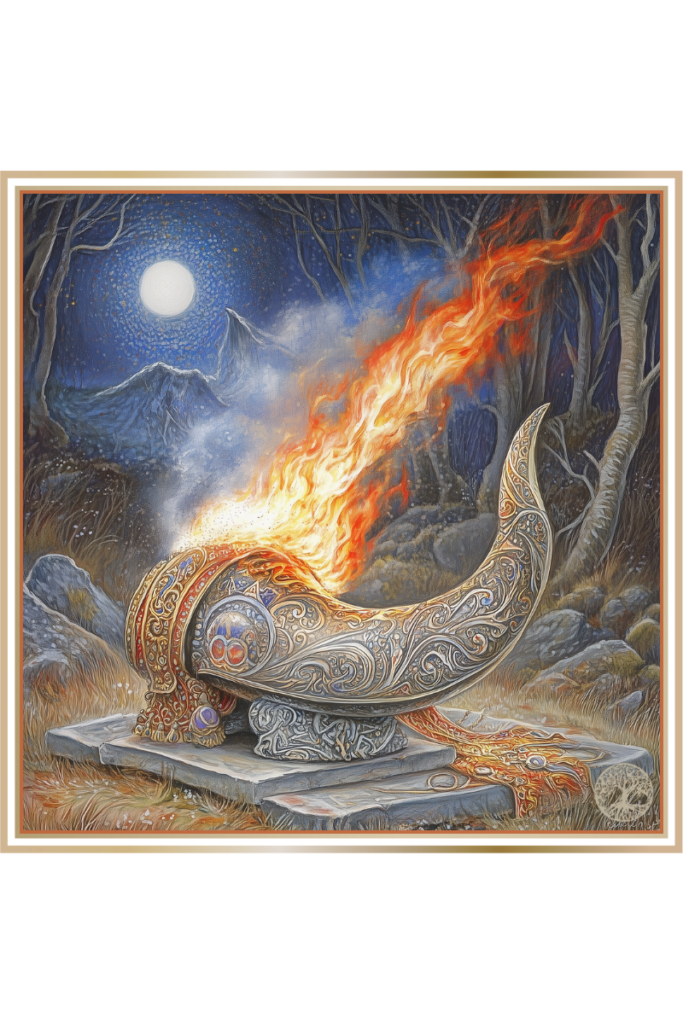 A burning ornate horn, symbol of Zhelya, the Slavic goddess of sorrow, resting on a stone altar under a full moon.