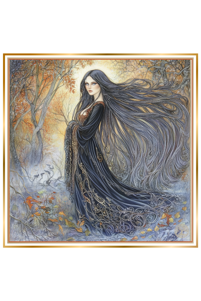 Zhelya, the Slavic goddess of sorrow, standing in a mystical autumn forest with long flowing black hair and an ornate dark gown.