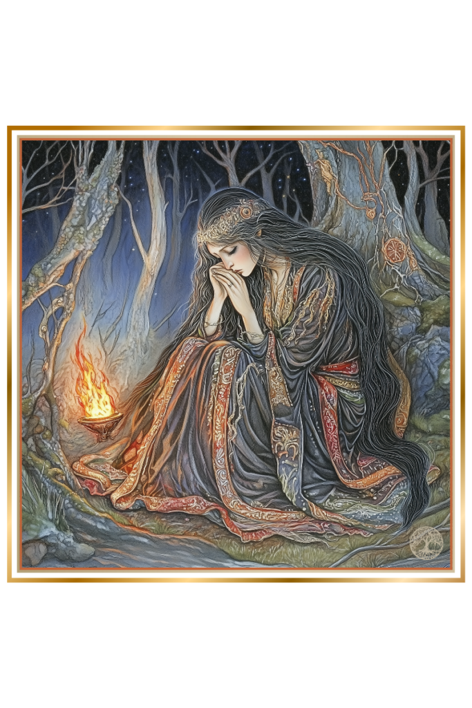 Zhelya, the Slavic goddess of sorrow, kneeling in prayer with a flame beside her in a mystical forest at night.