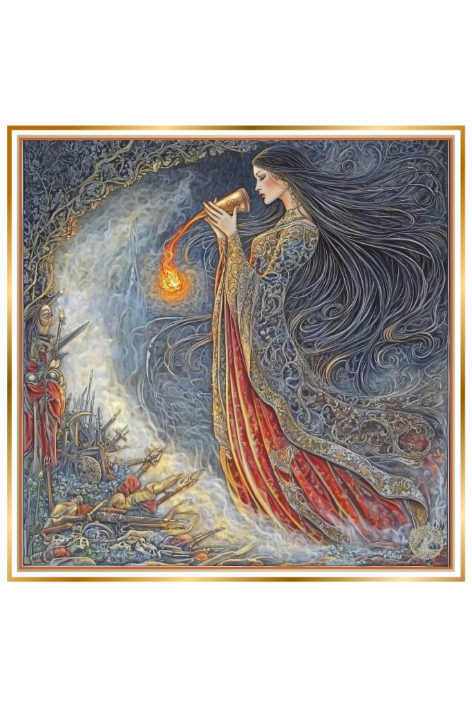 Zhelya, the Slavic goddess of sorrow, holding a burning horn over a battlefield, guiding fallen warriors to the afterlife.