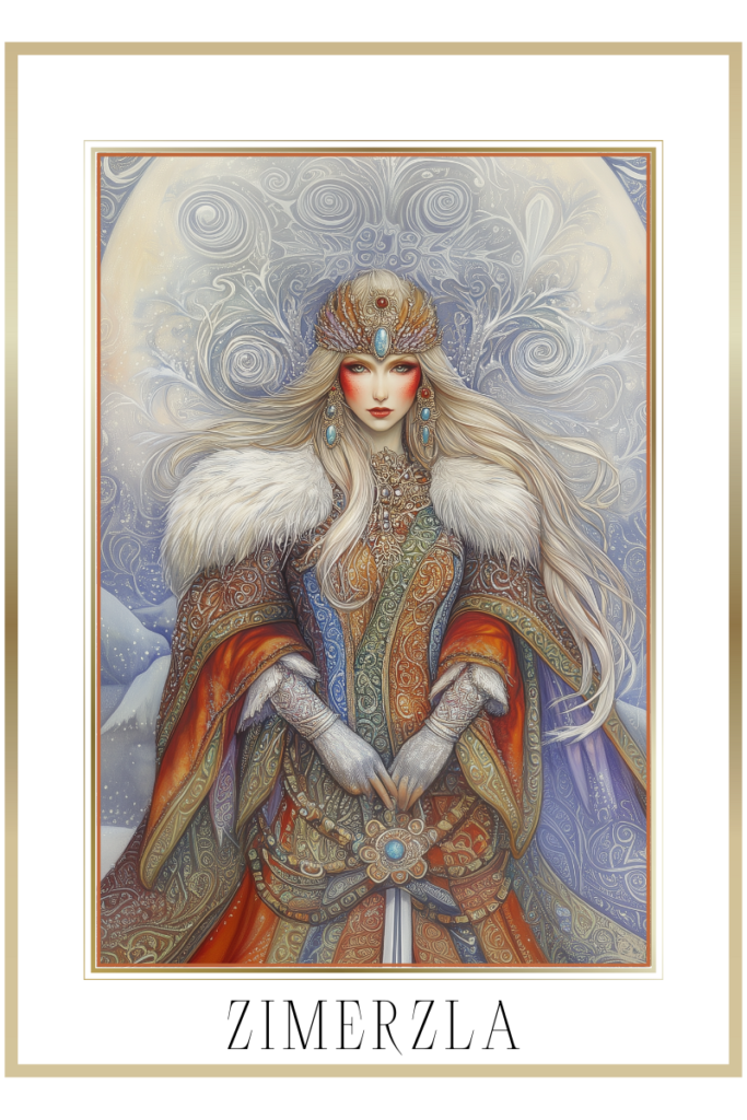 Zimerzla, Queen of Winter, wearing an ornate frost-covered coat and ice crown, standing against a swirling winter storm.