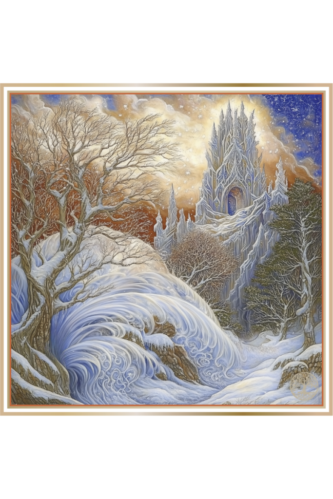 A swirling blizzard over a wintry landscape, with frost-covered trees and a towering ice castle in the background.