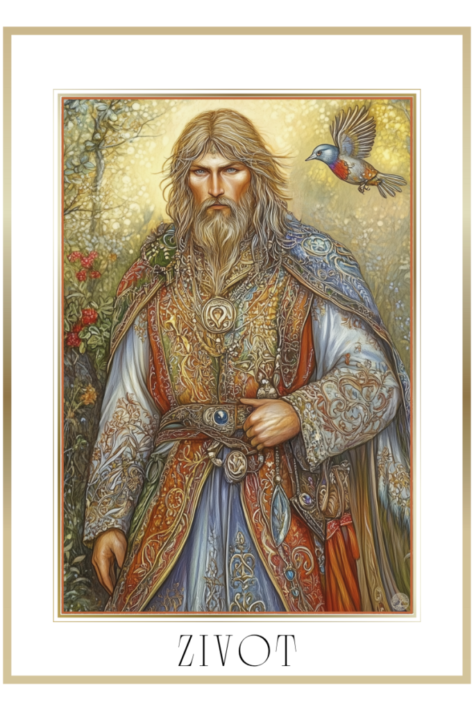 Slavic deity Zivot standing in a blooming forest with a cuckoo bird hovering above his shoulder, wearing ornate nature-inspired robes.