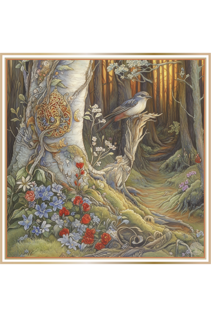 Cuckoo bird perched on a tree branch in a spring forest with ritual offerings on the ground, bathed in soft sunlight.