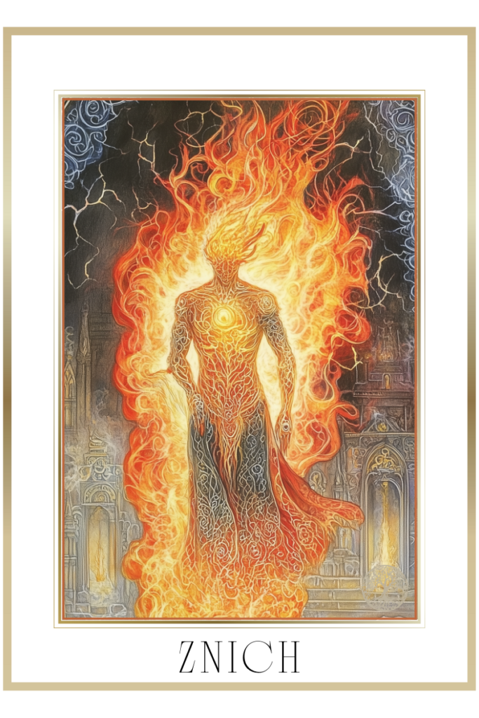 Abstract representation of Znich standing tall in a swirling vortex of eternal sacred fire, surrounded by an ornate temple.