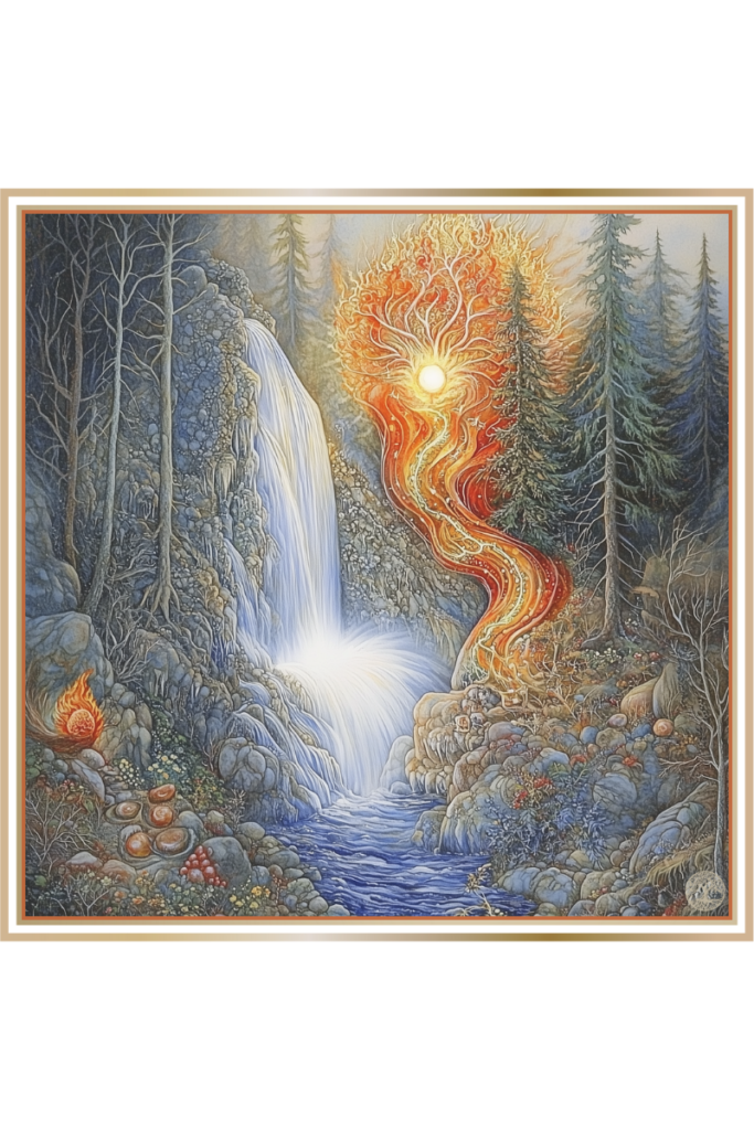 A waterfall surrounded by glowing stones, a sacred fire spiraling upward, and natural elements symbolizing Znich’s presence.