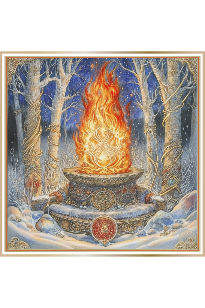 Sacred altar with a swirling eternal fire surrounded by natural symbols, in a snow-covered forest at night.