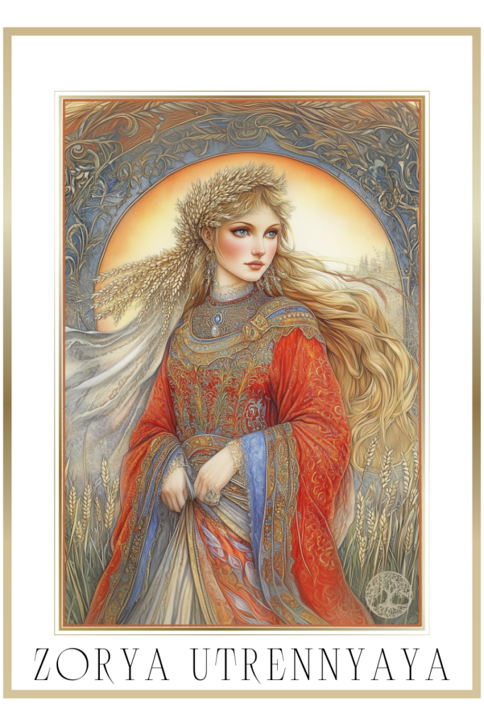 A radiant depiction of Zorya Utrennyaya, the Slavic goddess of dawn, with golden hair and a wreath of wheat. She wears a golden-crimson robe and stands against a background of glowing wheat fields, symbolizing the dawn and harvest.