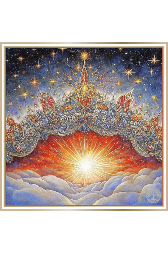 An ornate crown of stars and celestial symbols floats above a radiant sunrise, surrounded by a night sky filled with shimmering stars. The rising sun below represents the dawn and light breaking through the clouds.