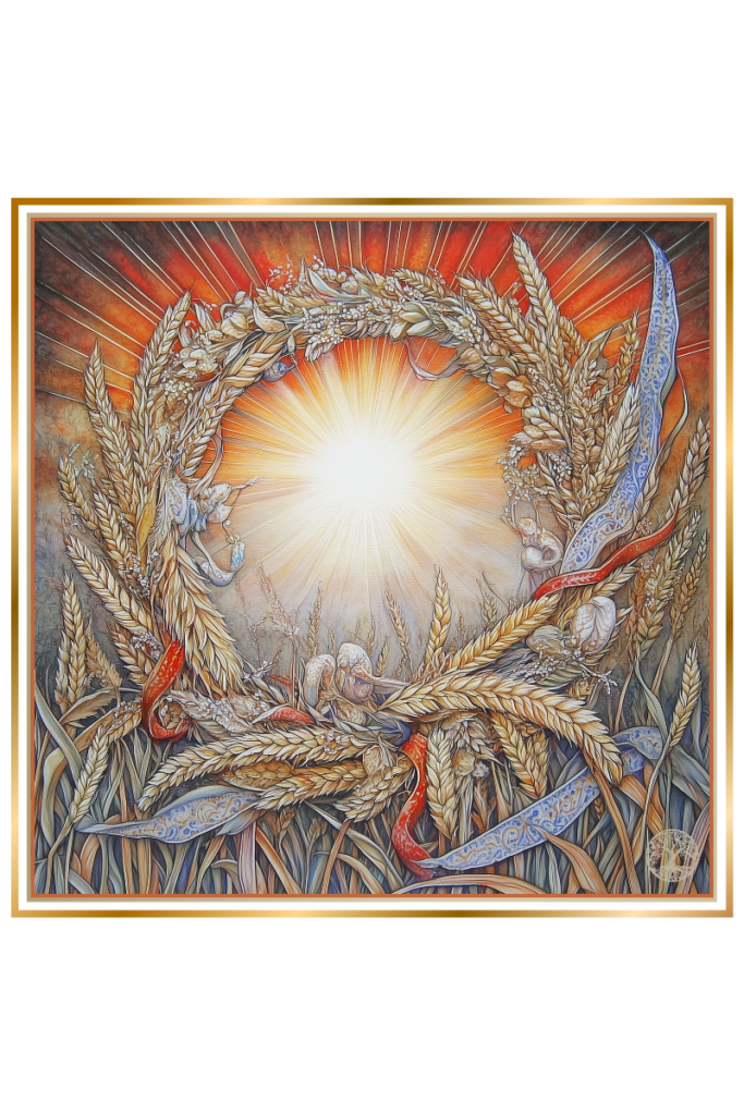 A glowing golden wreath made of wheat stalks, with delicate ribbons woven throughout, encircles a bright sunburst at its center. The radiant light symbolizes the dawn and agricultural fertility, with the wheat representing the Slavic goddess Zorya Utrennyaya’s connection to the harvest.