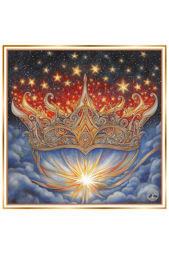 An ornate golden crown adorned with intricate details and glowing stars floats above the clouds. Below, a radiant sunburst rises, symbolizing the celestial connection between the stars and the dawn.