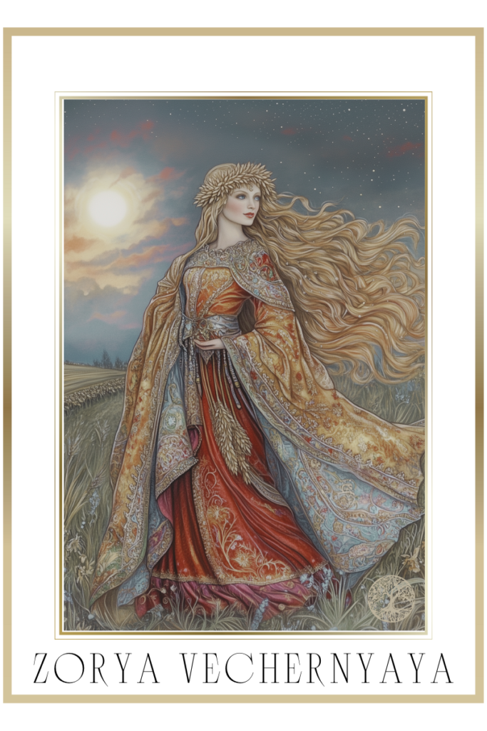 Zorya Vechernyaya, Slavic goddess of dusk, depicted in an ornate gown under the evening sky