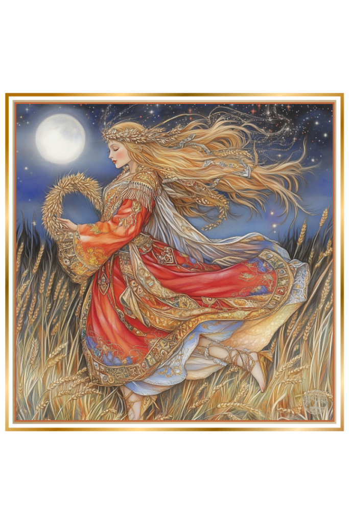 Zorya Vechernyaya, Slavic goddess of dusk, holding a wheat wreath under the full moon