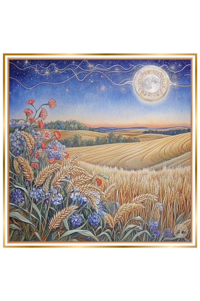 Golden wheat fields and blooming flowers under a starry night sky, symbolizing Zorya Vechernyaya, the Slavic Evening Star goddess