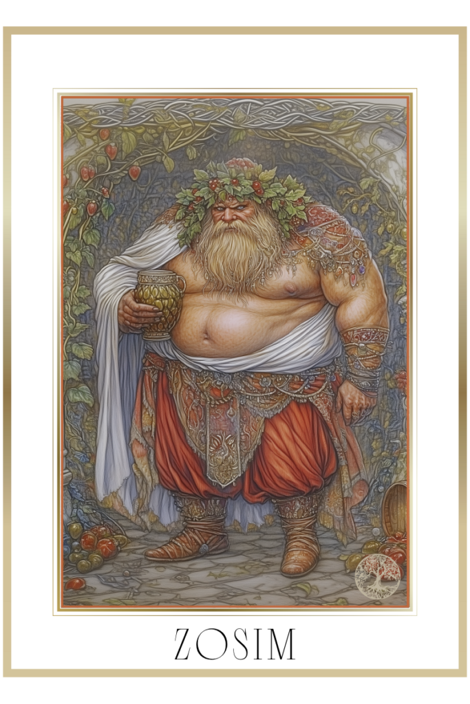 Zosim the god of drunkenness, stands tall with a bloated body, crowned with hop tendrils, holding a bottomless drinking cup, surrounded by broken jugs and an overturned barrel.