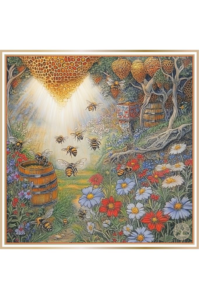 A vibrant meadow filled with bees gathering around a large honeycomb hanging from a tree. The scene includes blooming flowers, barrels of honey, and sunlight streaming down onto the busy bees.