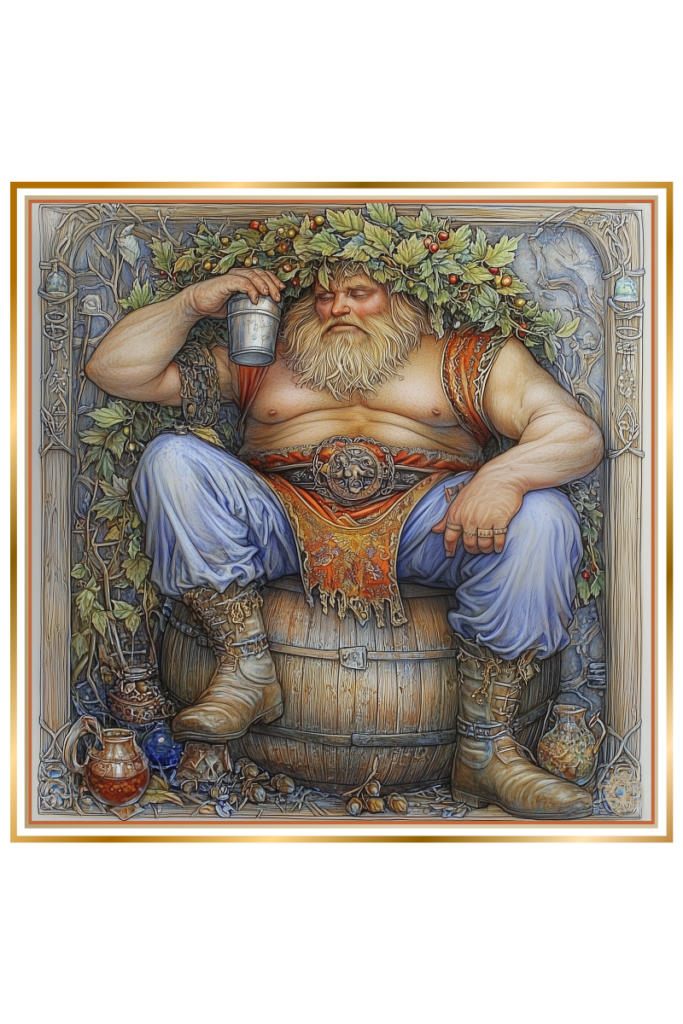 Zosim, the bloated god of indulgence, sits atop an overturned barrel, wearing a wreath of hop vines and holding a drinking cup, surrounded by scattered jugs and pitchers.