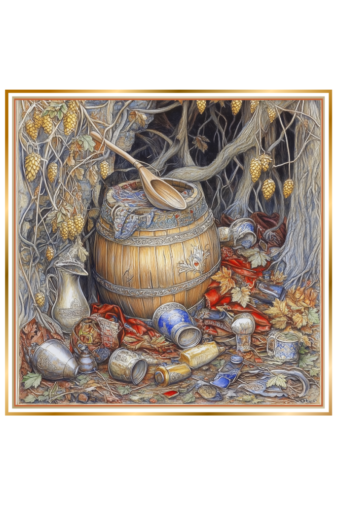 An overturned barrel with a ladle resting on top, surrounded by broken jugs and pitchers, with hop vines hanging above, symbolizing indulgence and excess.