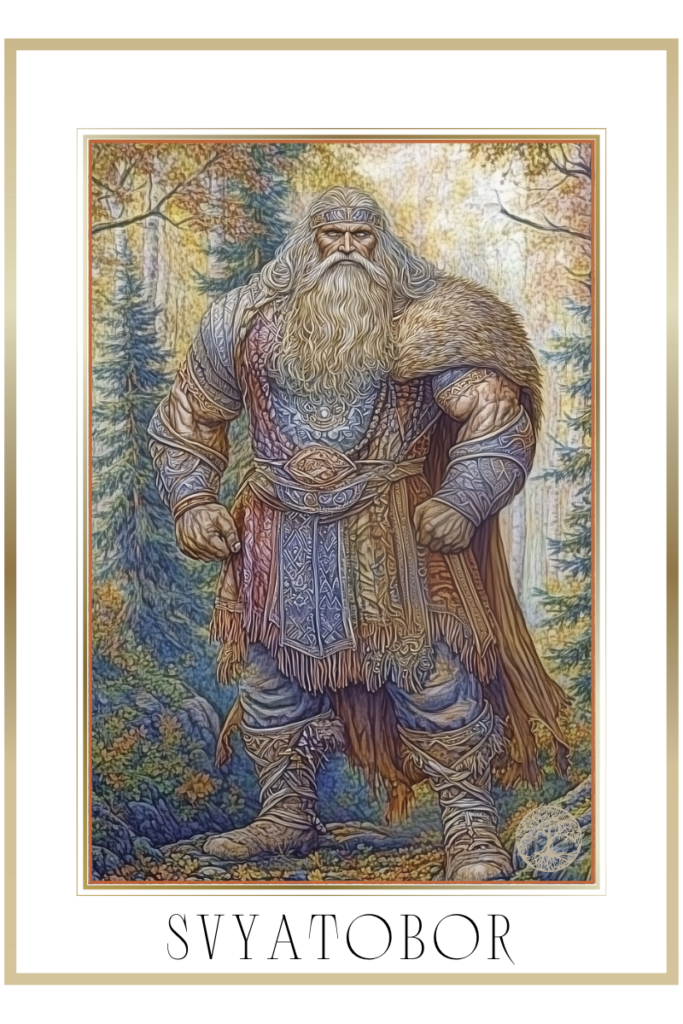 Svyatobor, the powerful forest guardian, standing tall in a dense woodland, draped in animal skins, with a thick beard and muscular build.