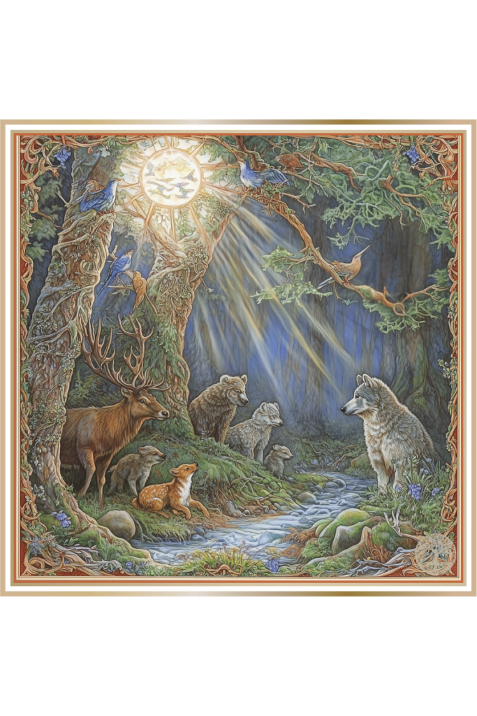 Wild animals, including a stag, wolves, bears, and birds, gathered in a peaceful forest with sunlight filtering through the trees.