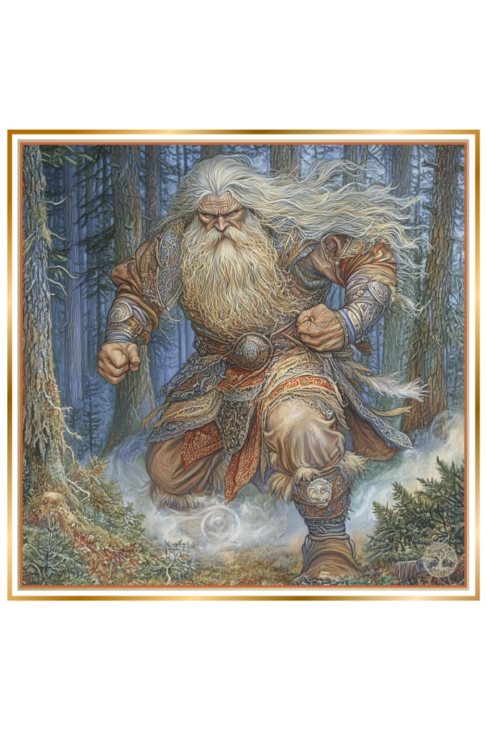 Svyatobor Slavic God, the forest warrior, mid-stride in a dynamic pose with flowing beard, muscular build, and animal skins, patrolling a misty forest.