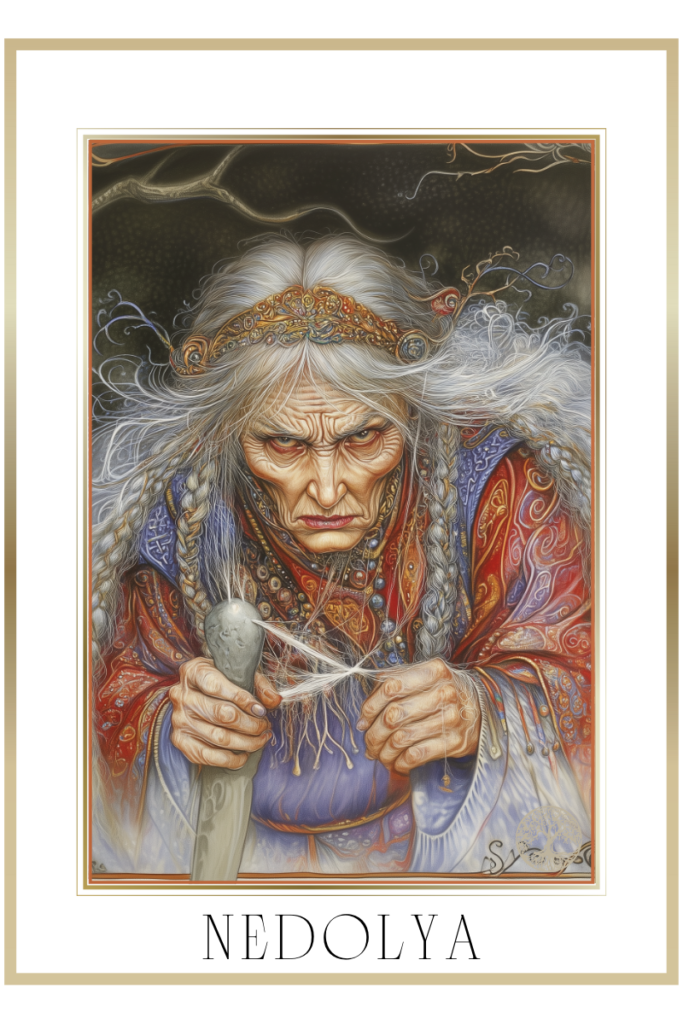 Depiction of Nedolya, the Slavic goddess of misfortune, holding a stone spindle and spinning a fragile thread of fate.