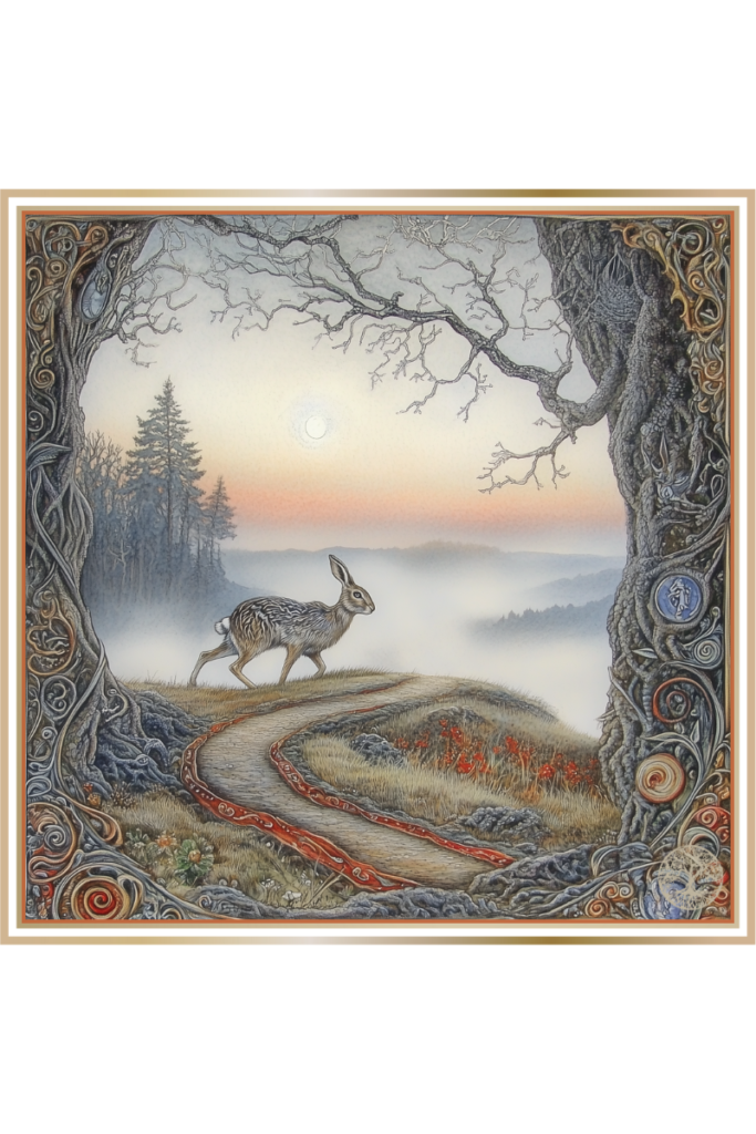 Hare crossing a misty path at dawn, symbolizing omens of misfortune in Slavic mythology.