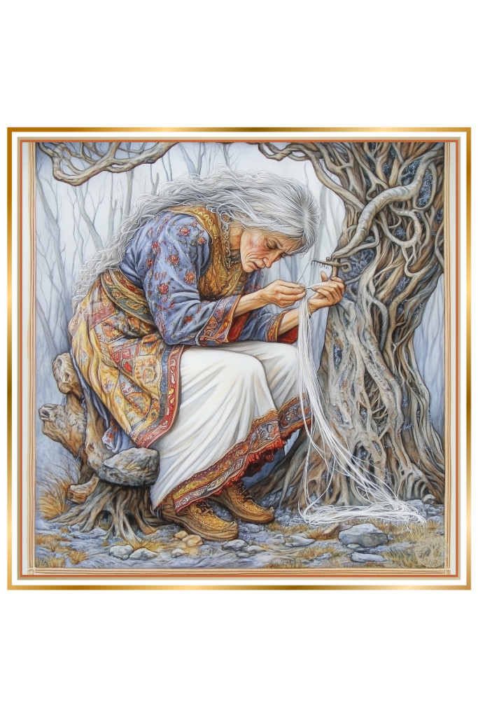 Old woman spinning a fragile thread with a stone spindle beneath twisted tree roots, symbolizing Nedolya’s control over misfortune in Slavic mythology.