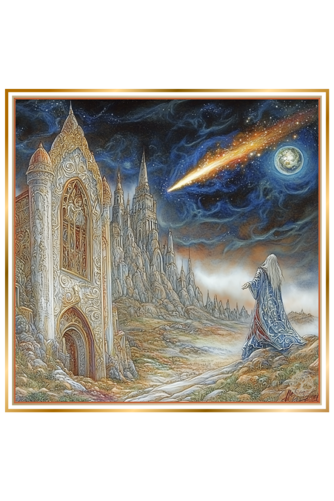 A falling star streaking across the sky as a Nedolya watches near a grand stone castle, symbolizing the connection between fate and misfortune in Slavic mythology.