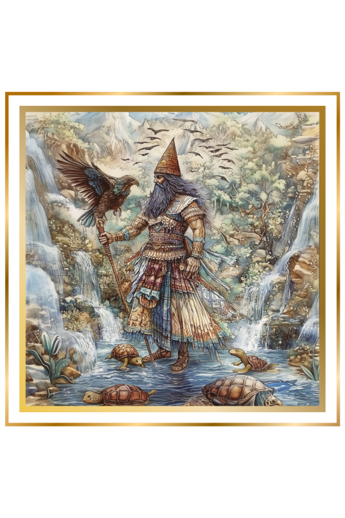 Enki, Sumerian god of freshwater and wisdom, holding a scepter with an eagle on his arm, surrounded by turtles and flowing streams in a lush landscape.