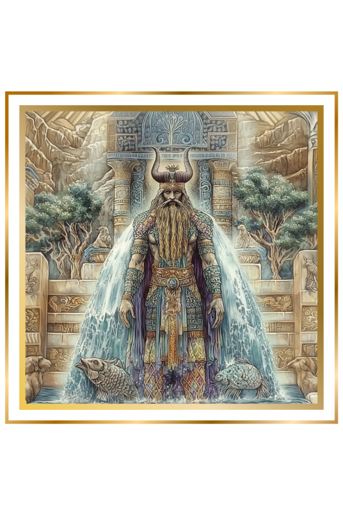 Enki, Mesopotamian god of water and wisdom, standing with water flowing from his shoulders, wearing a horned crown, surrounded by trees and a goat-fish.