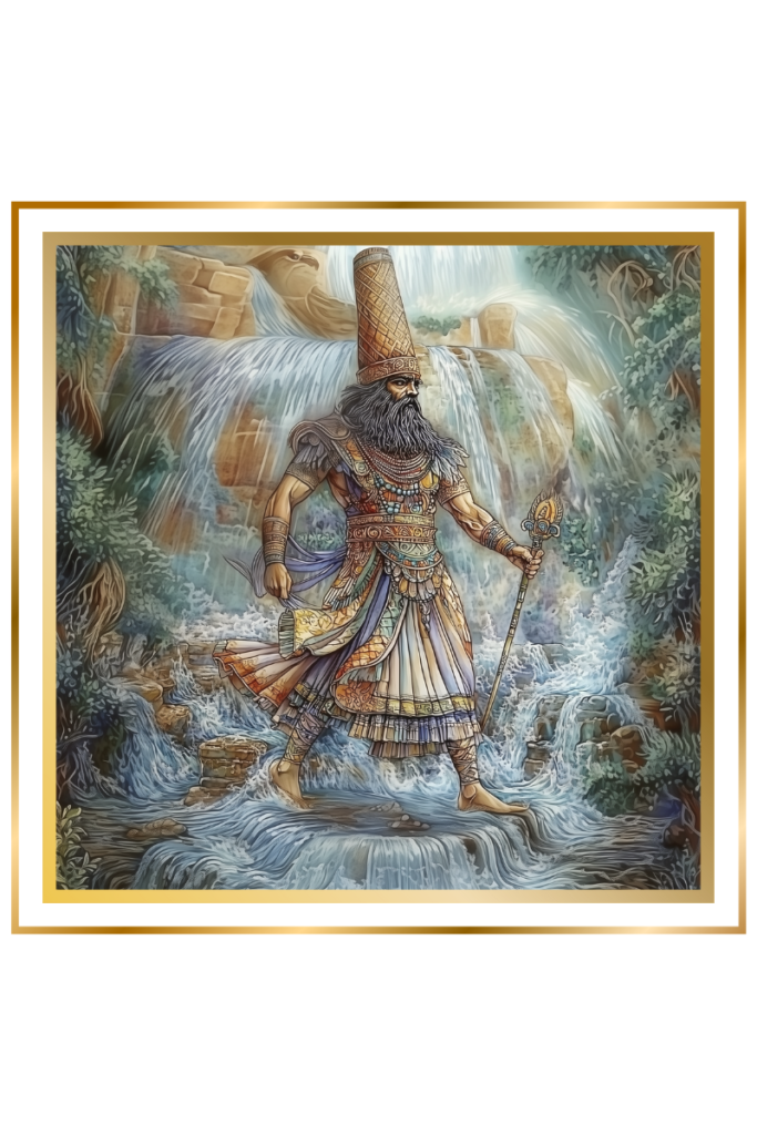 Enki, Sumerian god of water and wisdom, wearing a flounced skirt and cone-shaped hat, holding a scepter, standing in flowing water with trees and fish around him.