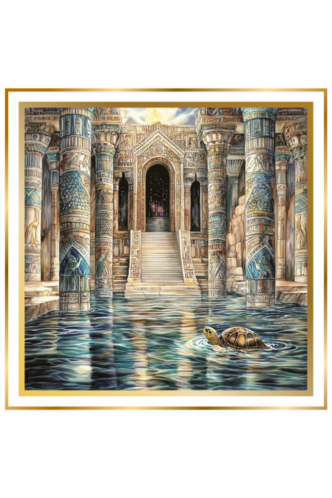 The E-abzu temple rising from tranquil waters, with a turtle swimming in the Abzu, symbolizing Enki's domain of wisdom and life.