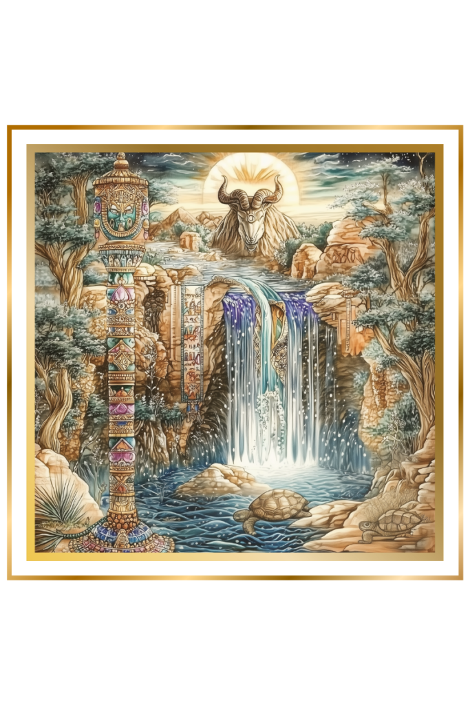 Mystical scene with flowing rivers representing the Tigris and Euphrates, surrounded by sacred animals including a turtle and a goat-fish, symbolizing Enki’s connection to creation and fertility.