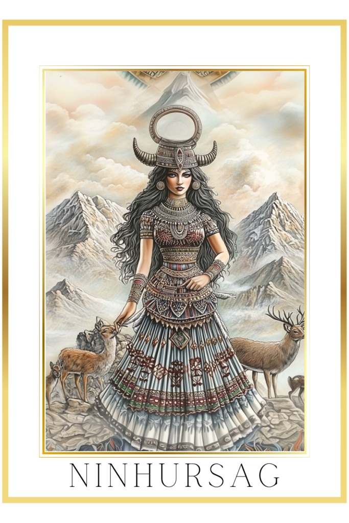 Ninhursag Sumerian earth goddess, stands among mountains with deer, wearing a horned headdress and an omega-shaped hairstyle.