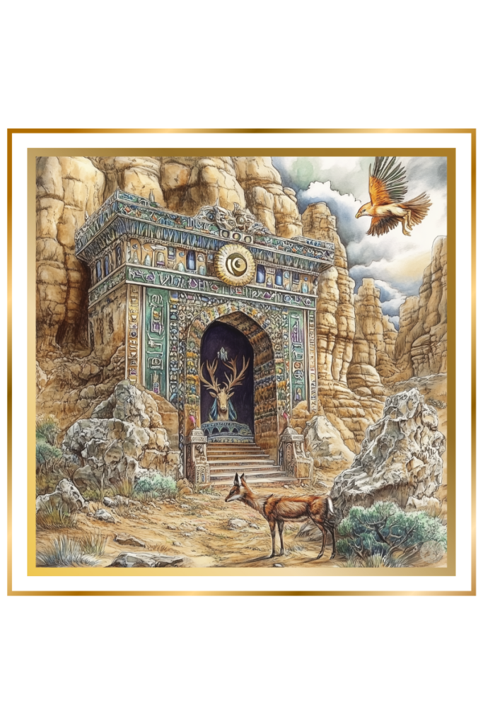 Ninhursag's ancient temple in a desert landscape, adorned with sacred animals like foxes and deer, with an omega symbol above the entrance.