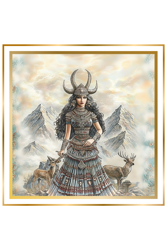 Ninhursaga, Sumerian earth goddess, wearing a horned headdress, standing with deer in a mountainous landscape.