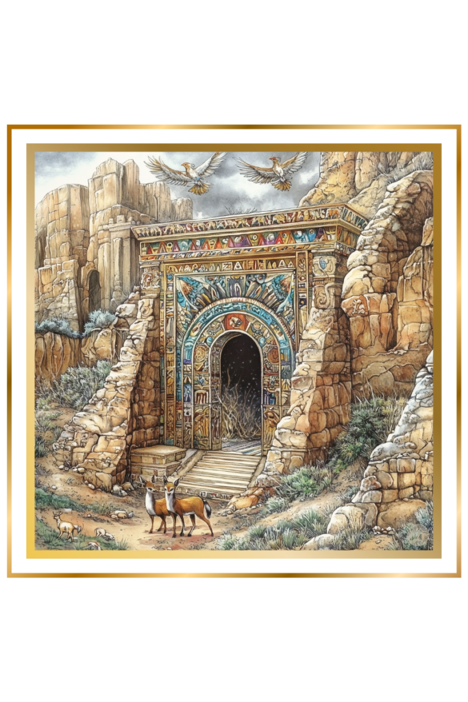 Ancient temple entrance in Ninhursag's realm of Dilmun, with sacred animals and carved omega symbols, set amidst desert cliffs.