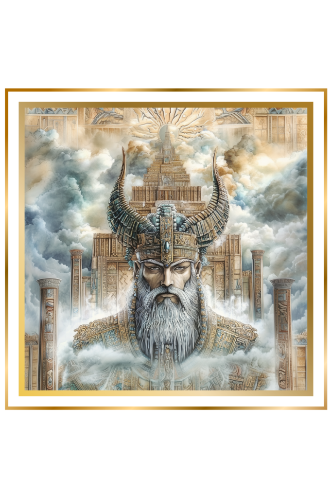 Enlil, Mesopotamian god of air, wearing a horned helmet with the Ekur temple behind him, surrounded by clouds.