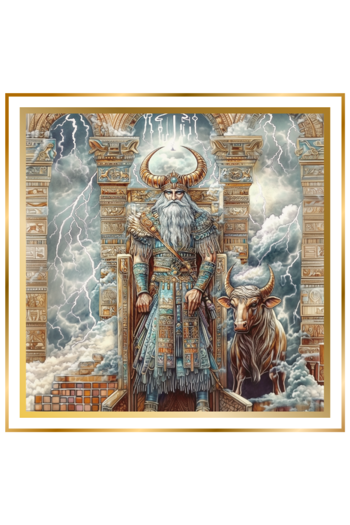 Enlil Sumerian god standing with a horned crown and a bull beside him, amidst clouds and lightning.