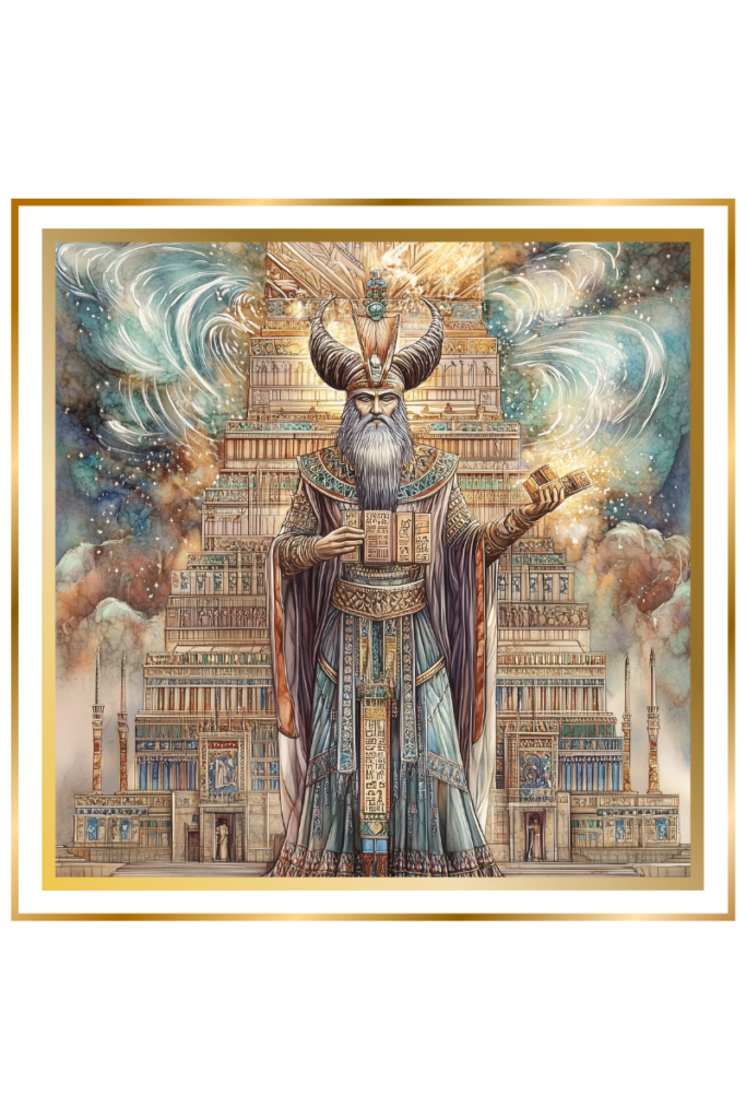 Enlil, supreme god of the cosmos, holding the Tablets of Destiny before the Ekur temple, surrounded by swirling winds and light.