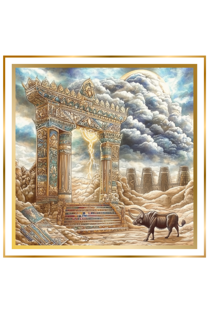 Mesopotamian archway with the Tablet of Destiny, swirling storm clouds, and a bull representing Enlil’s power.