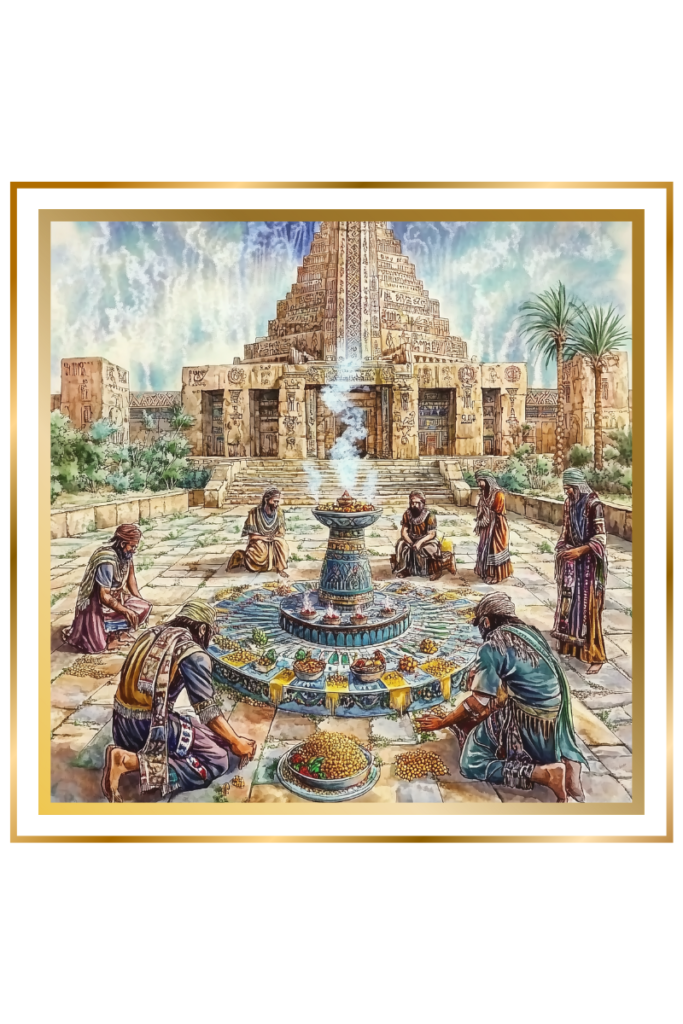 Priests offering grain and fruits in a Mesopotamian temple courtyard, with the ziggurat of Ekur in the background.