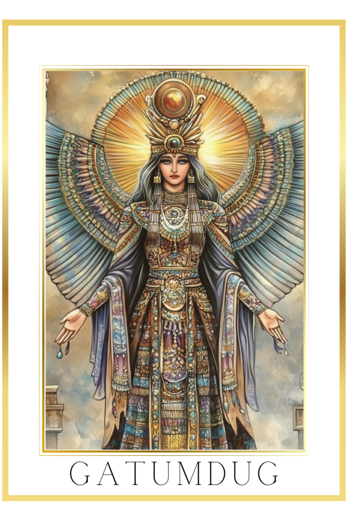 Gatumdug, the wise mother goddess, stands tall with outstretched arms, adorned in intricate robes and a radiant crown featuring an eight-rayed orb. She is framed by wings and ancient Sumerian temple motifs, glowing with divine energy.