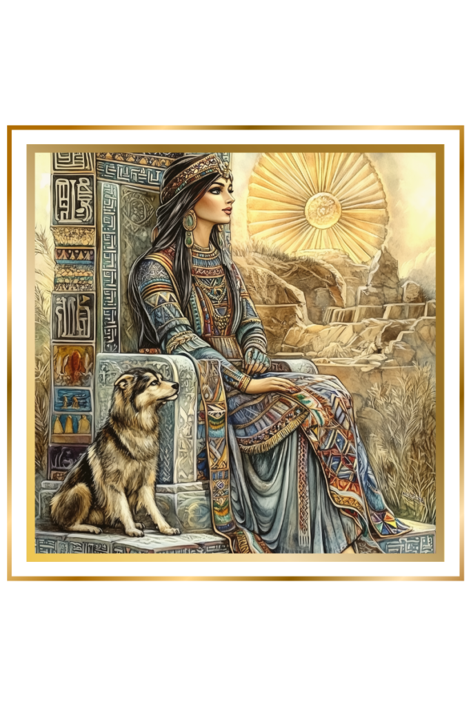 Gatumdug seated on a stone throne with a loyal dog at her side, surrounded by ancient Sumerian inscriptions and a glowing eight-rayed orb in the background, symbolizing her wisdom and divine guidance.