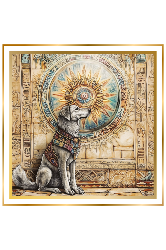 A loyal dog with intricate patterns on its fur sits in front of a glowing eight-rayed orb, symbolizing Gatumdug's divine connection to Gula. The background displays ancient Sumerian temple etchings, evoking the heritage of Lagash.