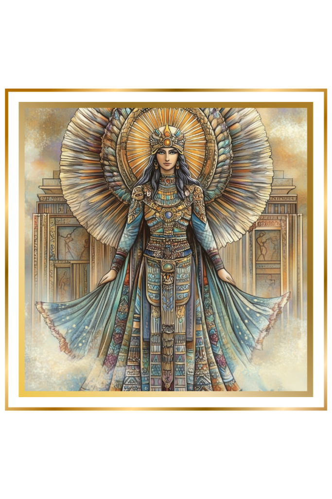 Gatumdug Sumerian goddess, the ancient mother goddess, stands tall with a radiant eight-rayed orb behind her, dressed in intricate celestial robes. Sumerian temple motifs appear in the background, symbolizing her connection to Lagash.